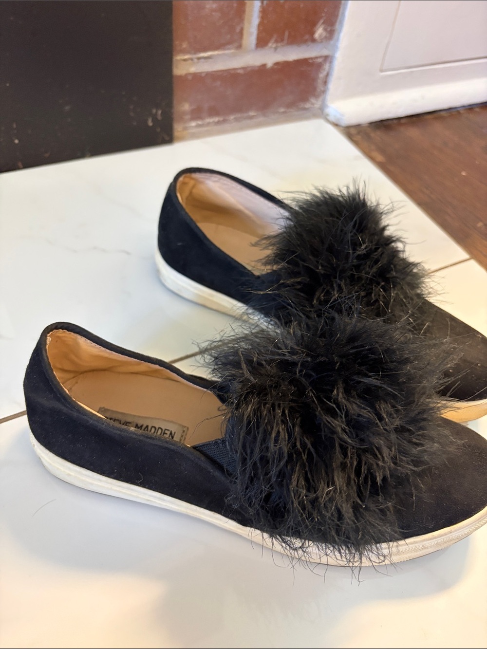 Steve Madden Black Faux-Fur Slip-On Flats